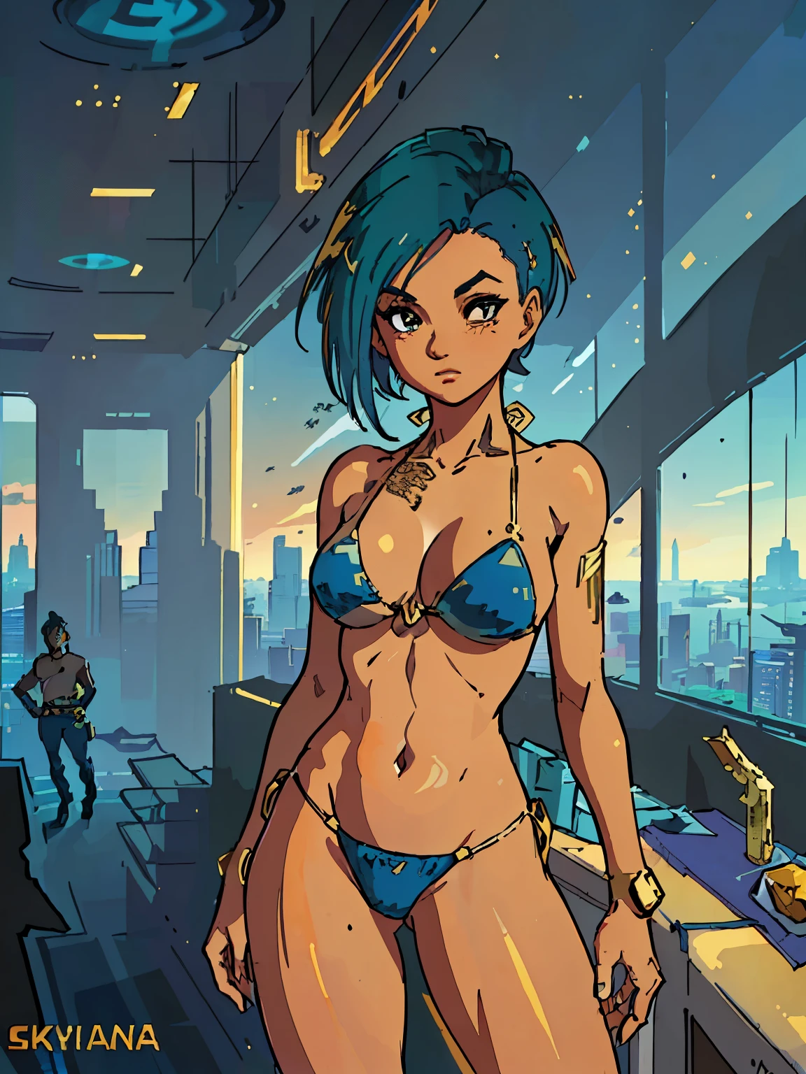 (masterpiece, best quality:1.3), 1girl, Judy Alvarez, (faded colors:1.3), (tanned skin:1.2), medium breasts, (blue colored bikini with gold accents:1.3), contrapposto, (skydeck with a view of the metropolis:1.3), early evening, clouds, toriyama akira