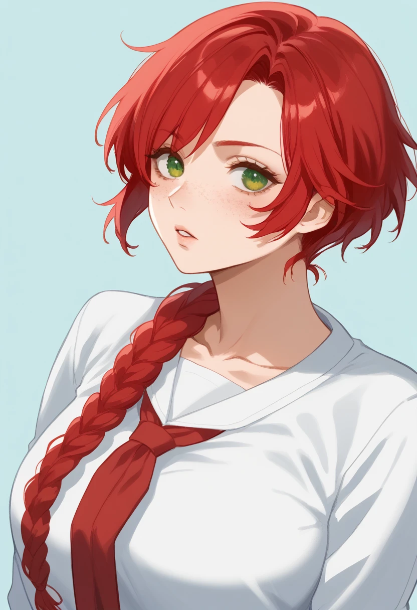 there is a drawing of a woman with red hair and a blue background, a character portrait inspired by Rei Kamoi, deviantart contest winner, digital art, red hair girl, she has red hair, red haired girl, with red hair and green eyes, with red hair, red head, crimson red hair and red eyes, red hair and freckles, halfbody portrait