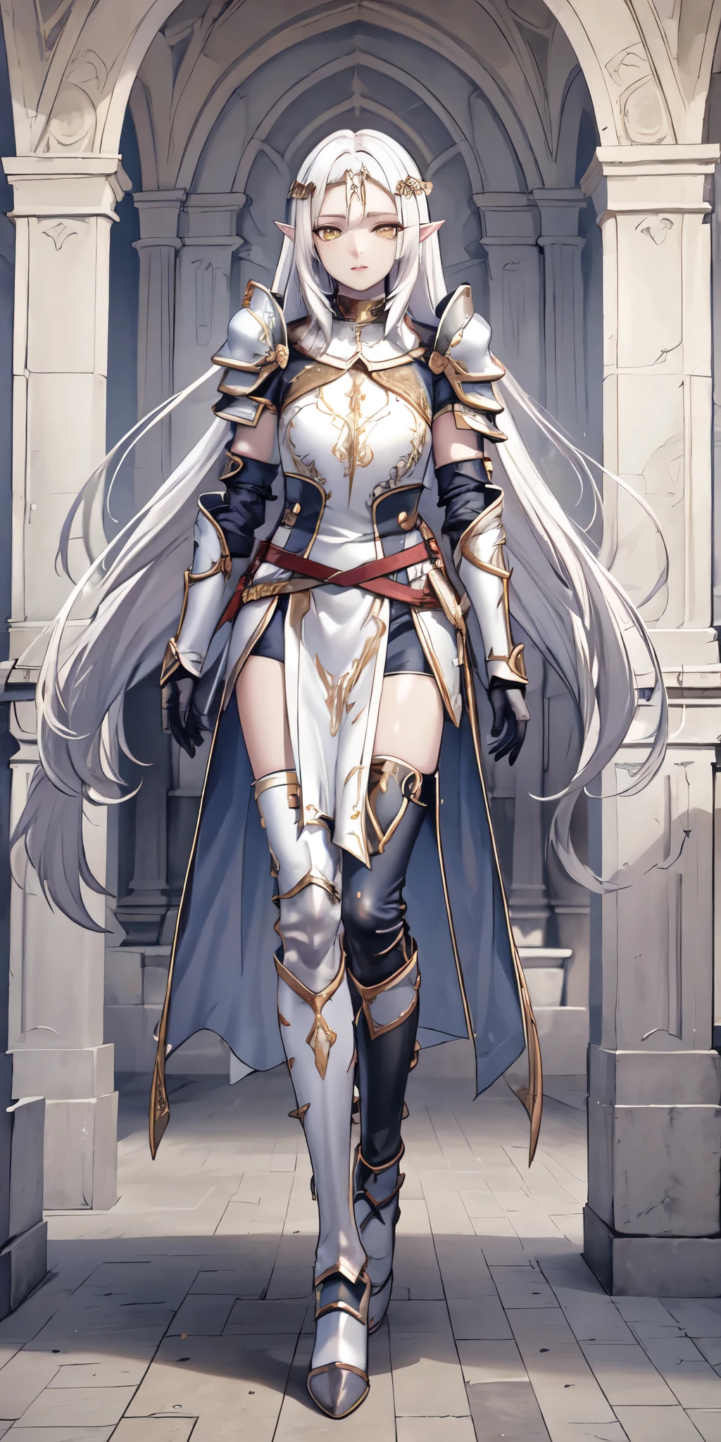 masterpiece, best quality, high quality, white SKIN elf, long hair, white hair, yellow eyes, full body, def_effie, blue breastplate, white skin, looking at viewer, shiny, armor, thigh highs, high boots, shoulder armor, faulds, poleyn, gloves, gauntlets