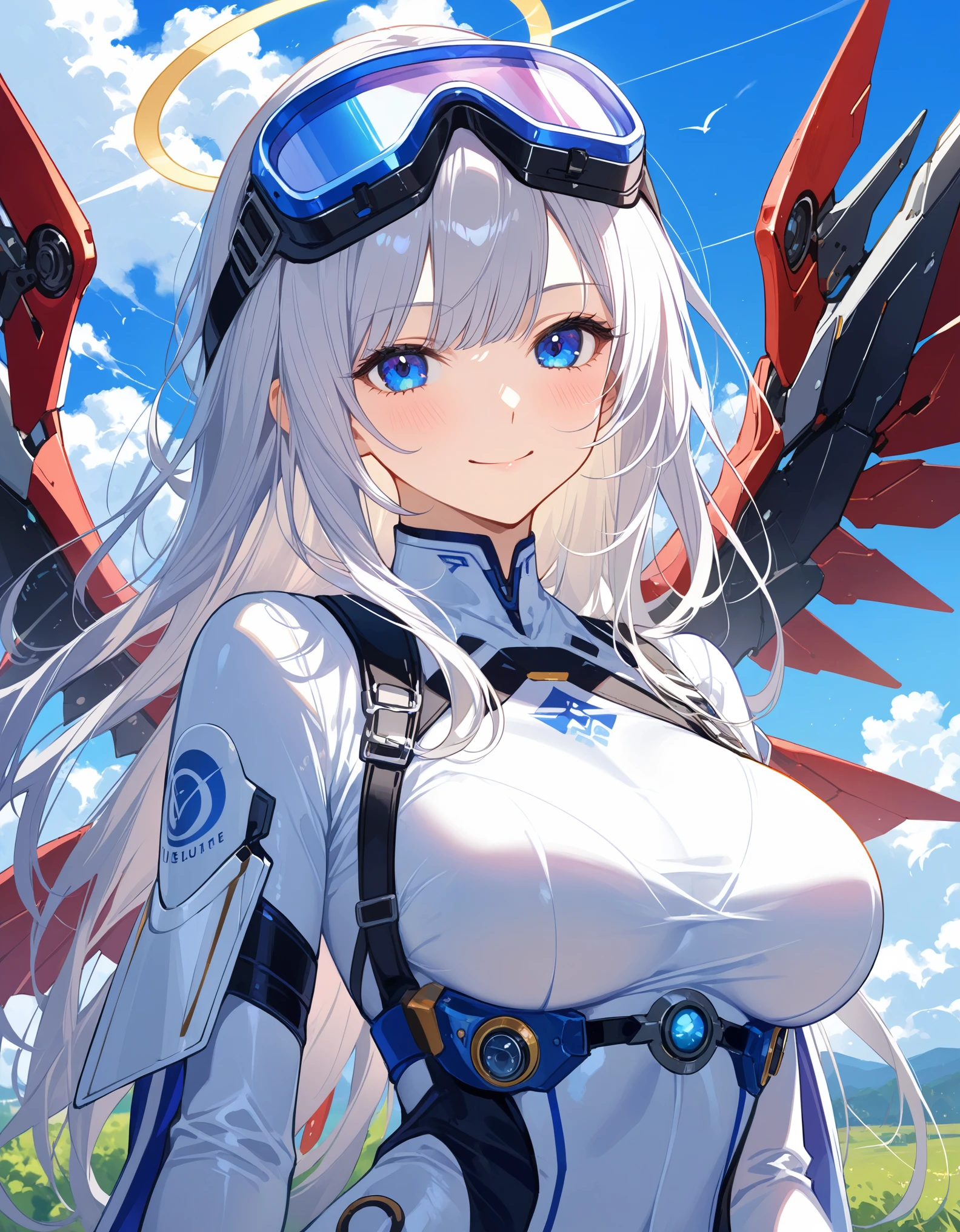 1girl, solo, long hair, breasts, looking at viewer, blush, smile, bangs, blue eyes, large breasts, white bodysuit, closed mouth, upper body, white hair, outdoors, wings, sky, day, cloud, medium hair, blue sky, halo, goggles, goggles on head, mechanical wings, sci-fi theme,