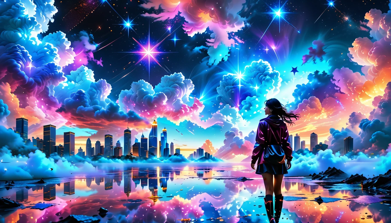 A Masterpiece In 32K Resolution: Supreme Quality, Super Detail, Official Art, Very High-Resolution 32K Wallpaper, Beautiful And Aesthetic, Ultra-Detailed Features, Awe-Inspiring Detail. A Girl Stand Far Away, A Vibrant, Surreal Night Sky. The Scene Is Amazing, Set In The Heart Of A City. Towering Skyscrapers Seem Small In Comparison To The Cosmic Wonders Above. The Sky Is Painted With Colorful Nebulae And Shooting Stars, Turning The Clouds Into A Kaleidoscope Of Colors. Below, The City's Bright Lights Reflect In The Puddles On The Ground, Adding To The Dreamlike Atmosphere Of The Moment.