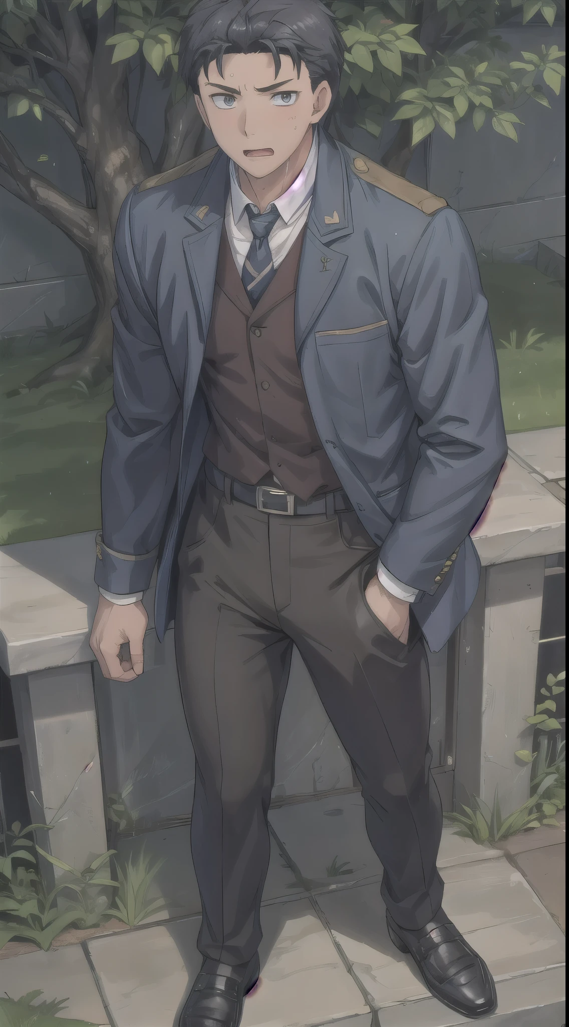 Hector Fay, Ultra high quality cg, solitary, Looking at the audience, Open your mouth, Sweating, Wet, Drooling,, 1 man,White shirt,tie，belt，Trousers，leather shoes，Fighting Stance
