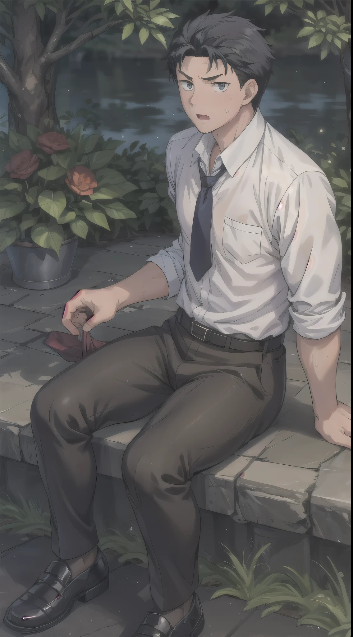 Hector Fay, Ultra high quality cg, solitary, Looking at the audience, Open your mouth, Sweating, Wet, Drooling,, 1 man,White shirt,tie，Fighting Stance， Male focus,belt，trousers，leather shoes，Open your legs，Sitting astride
