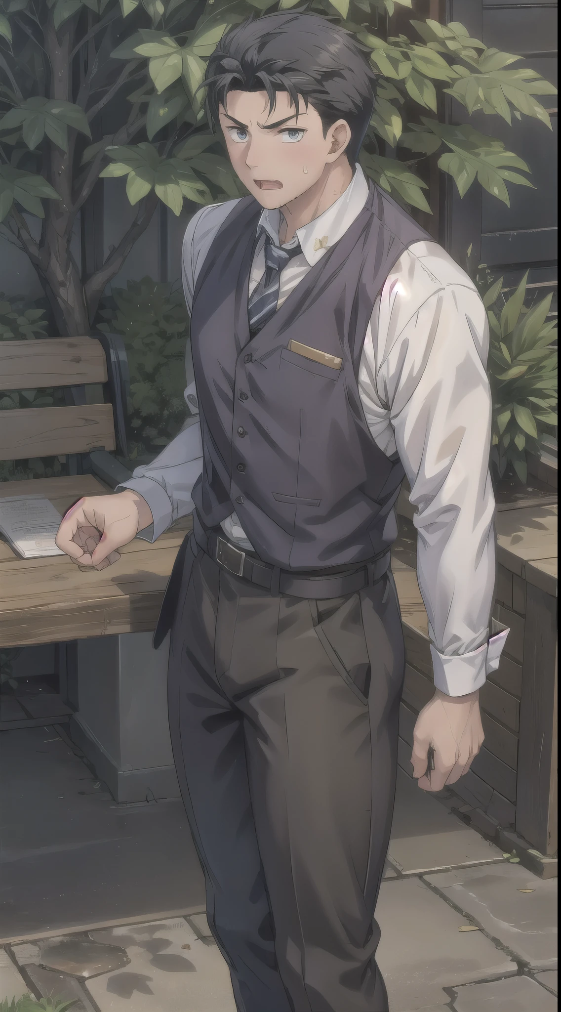 Hector Fay, Ultra high quality cg, solitary, Looking at the audience, Open your mouth, Sweating, Wet, Drooling,, 1 man,White shirt,tie，belt，trousers，leather shoes，Fighting Stance
