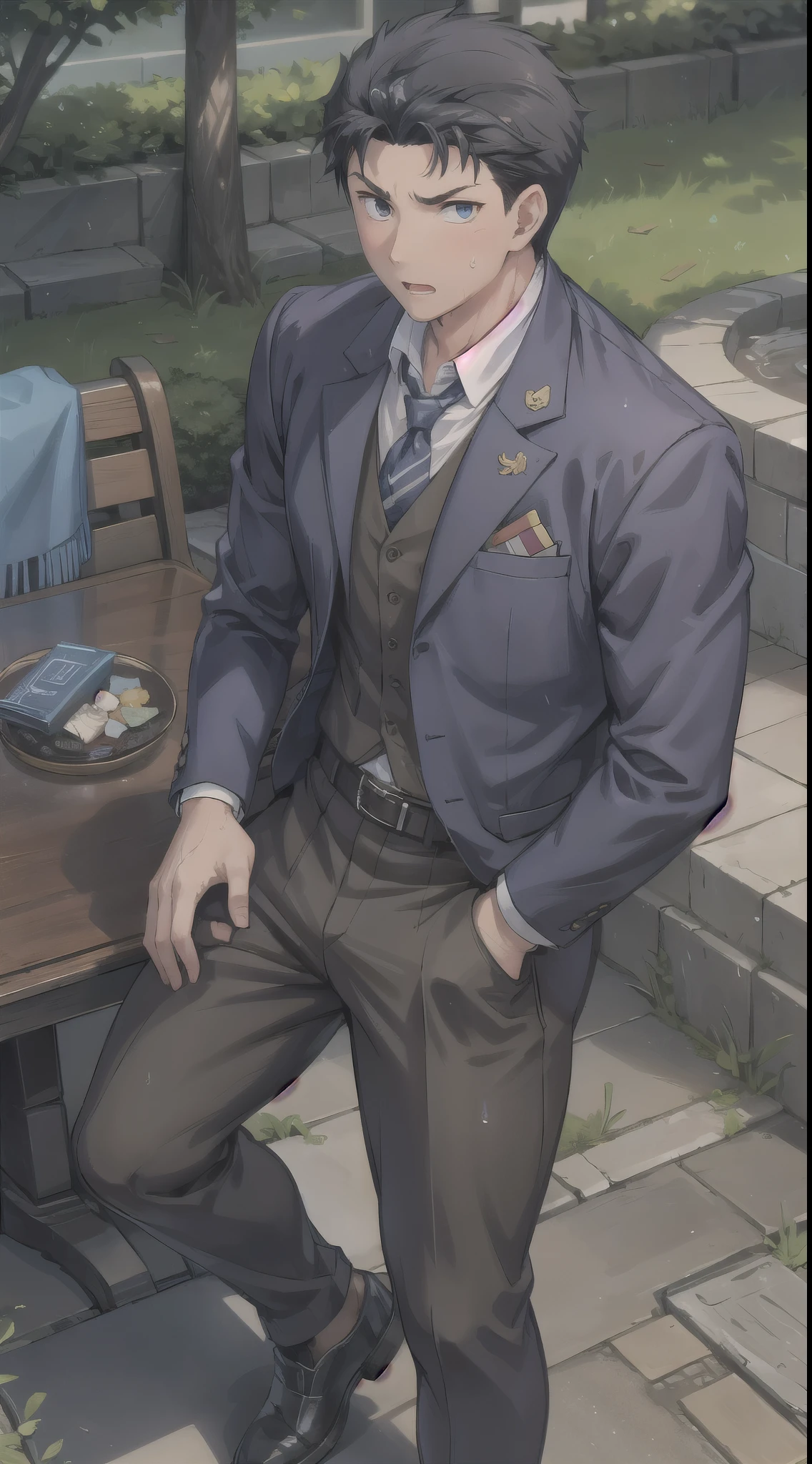 Hector Fay, Ultra high quality cg, solitary, Looking at the audience, Open your mouth, Sweating, Wet, Drooling,, 1 man,White shirt,tie，belt，trousers，leather shoes，Fighting Stance
