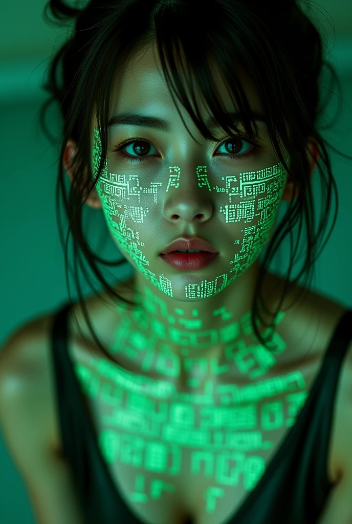 Perfect composition, Proper placement, Above the knee shot,  Beautiful Japanese Women, Brown Hair, Chignon hair brown eyes:1.21, Clear Eyes, His face is covered with countless glowing green barcodes., Fine barcodes and QR codes, Silver leather tank top, Silver leather panties, sexy, orgasm, Ecstasy