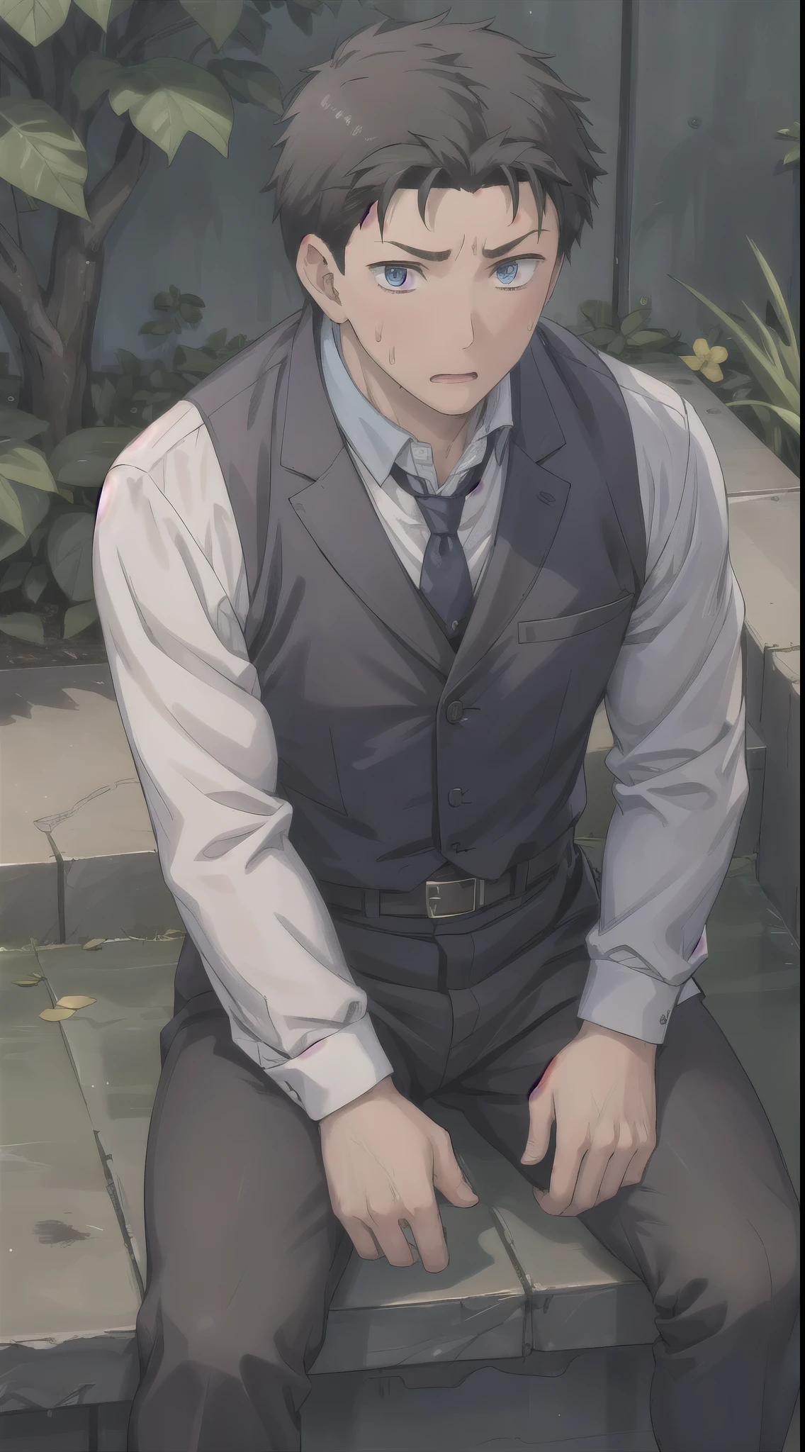 Hector Fay, Ultra high quality cg, solitary, Looking at the audience, Open your mouth, Sweating, Wet, Drooling,, 1 man,（Wear a white shirt）,tie，Fighting Stance， Male focus,belt，trousers，leather shoes，Open your legs，Sitting astride
