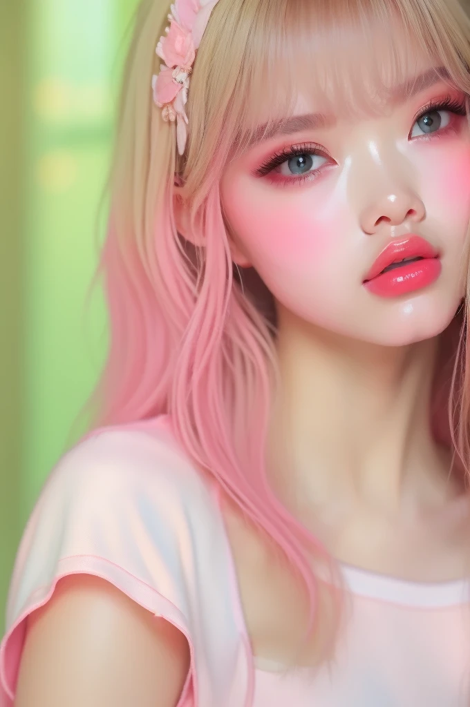 (detailed), studio lighting, hyper detailed, realistic portrait, Perfect Face.1  girl, 、Blue eyes with well-defined double eyelids and long eyelashes, in the white girly dressroom backdrop, realistic face, detailed skin, Blonde long bob hair with pink ends 、bangs covering forehead, extremely detailed lips, large mouth, full, plump, glossy light pink lips, natural-looking makeup, transparent lip gloss, with off-shoulder tops, photorealistic, ((Best Quality)), ((masterpiece)), high quality, 8k, masterpiece