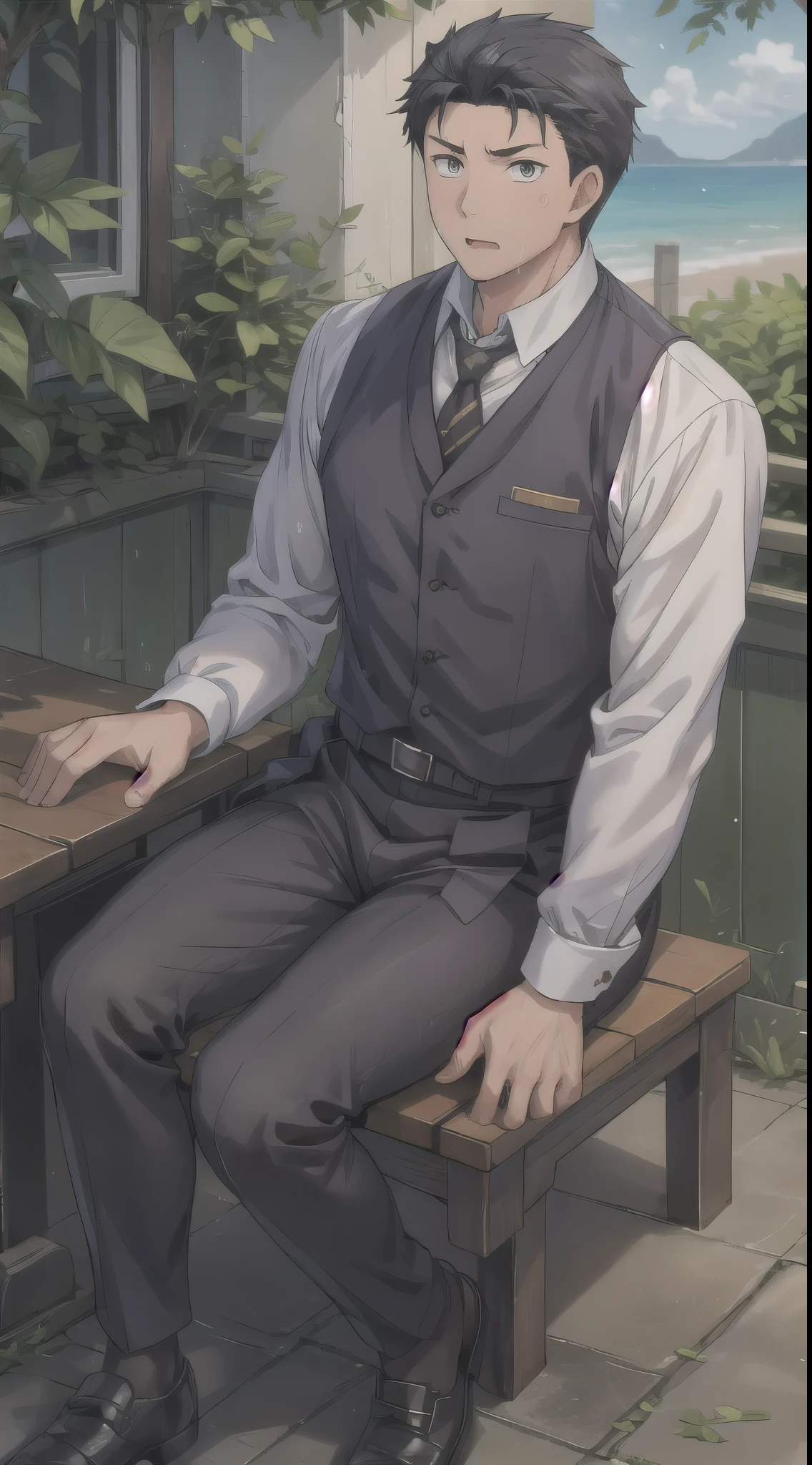 Hector Fay, Ultra high quality cg, solitary, Looking at the audience, Open your mouth, Sweating, Wet, Drooling,, 1 man,（Wear a white shirt）,tie，Fighting Stance， Male focus,belt，trousers，leather shoes，Open your legs，Sitting astride
