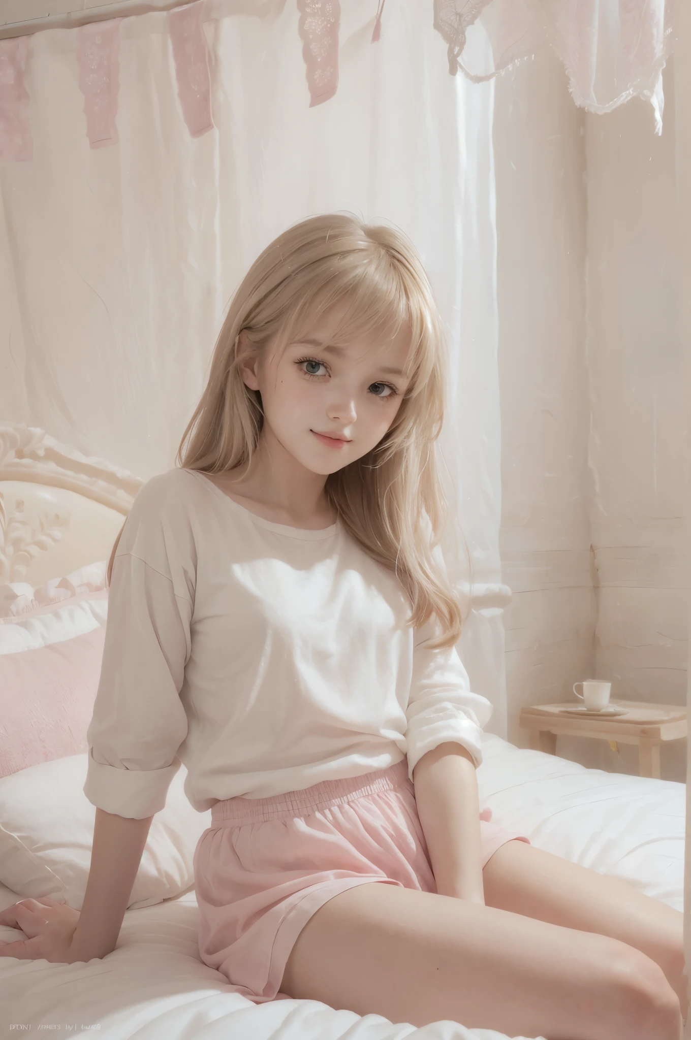 photo of mariya with long blonde hair, bang, (petite:1.4), wearing (casual uniform:1.3), sitting on bed in a cute girly bedroom adorned with pastel hues and playful decor. The walls are painted in soft pinks or lavender, wallpaper as an accent. A canopy bed with sheer, flowy curtains creates a dreamy atmosphere. Plush stuffed animals and fluffy throw pillows in various shades of pink adorn the bed,
realistic, photorealistic,
High quality, RAW photograph, detailed background, intricate, highly detailed, sharp focus, high resolution, 8k, uhd, dslr, realistic eyes, perfect eyes,