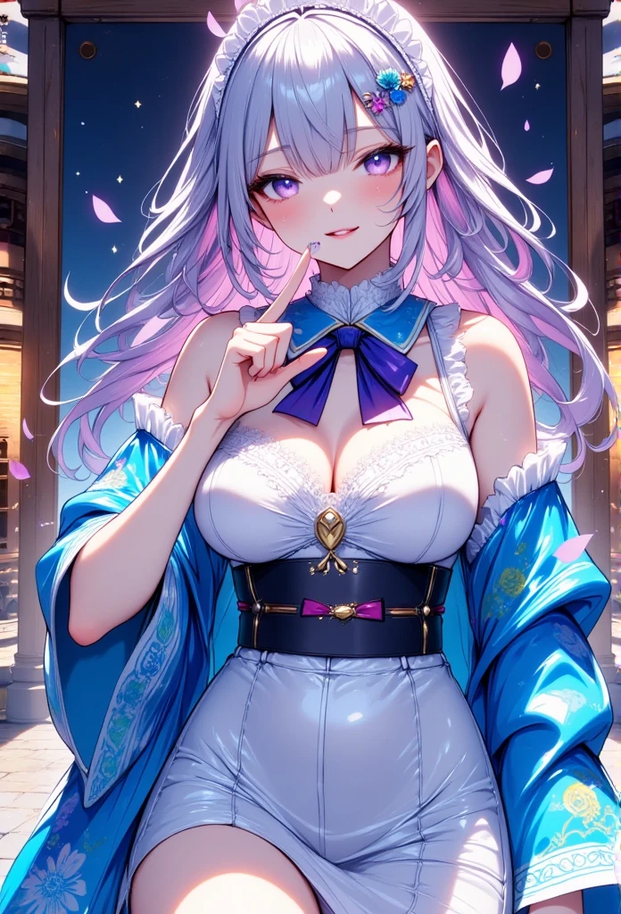 1 mature beautiful woman,(Best Quality,Extremely detailed depiction,Incredibly absurd high definition,Anatomically accurate,Detailed pupil,Beautiful legs,Porcelain-like skin),(Japanese style maid:1.5),(Blue kimono:1.5,Vibrant embroidery,Maid&#39;s Headband,pantyhose,Shiny fabric),eyelash,Purple Eyes,Half-closed eyes:1.5,Flashy makeup,Black Hair,Glossy lips,Large Breasts,A seductive smile:1.5,Seductive gestures,Mouth open,Fingers touching mouth,Full body images:1.2,