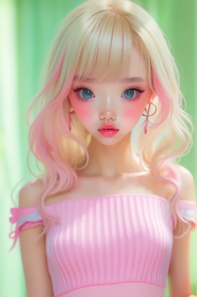 (detailed), studio lighting, hyper detailed, realistic portrait, Perfect Face.1 teenage girl, 、Blue eyes with well-defined double eyelids and long eyelashes, in the white girly dressroom backdrop, realistic face, detailed skin, Blonde long bob hair with pink ends 、bangs covering forehead, extremely detailed lips, large mouth, full, plump, glossy light pink lips, natural-looking makeup, transparent lip gloss, with off-shoulder tops, photorealistic, ((Best Quality)), ((masterpiece)), high quality, 8k, masterpiece