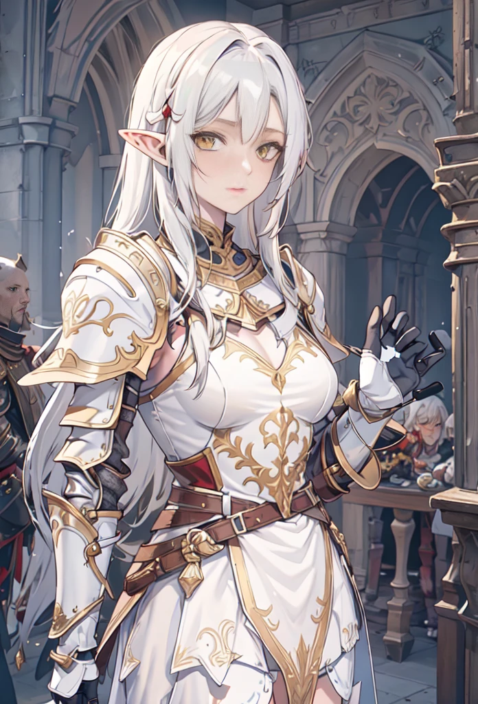 masterpiece, best quality, high quality, white SKIN elf, long hair, white hair, yellow eyes, full body, def_effie, blue breastplate, white skin, looking at viewer, shiny, armor, thigh highs, high boots, shoulder armor, faulds, poleyn, gloves, gauntlets