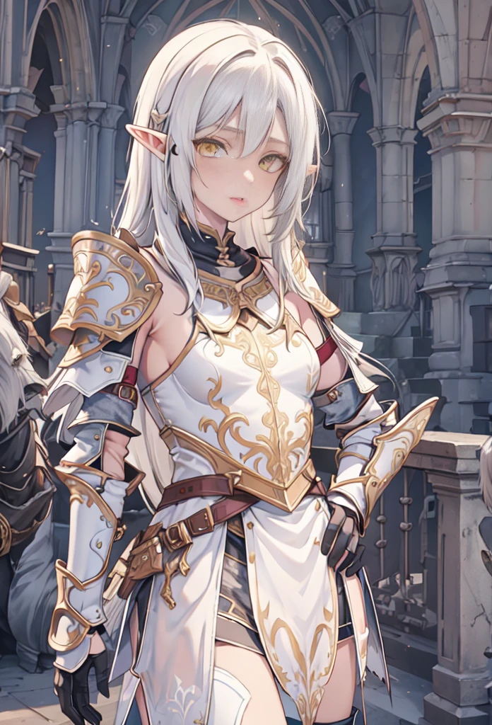 masterpiece, best quality, high quality, white SKIN elf, long hair, white hair, yellow eyes, full body, def_effie, blue breastplate, white skin, looking at viewer, shiny, armor, thigh highs, high boots, shoulder armor, faulds, poleyn, gloves, gauntlets