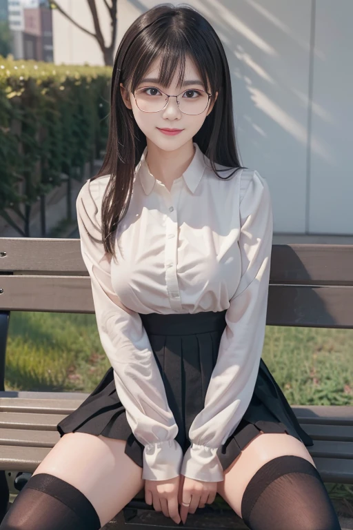 ((8K images)), ((Full body image)), masterpiece, High resolution, Best Quality, Attention to detail, Textured skin, Japanese crossdresser Mii-chan, Glasses, Black Hair, Medium Hair, Straight Hair, Smile, Small Boobs, B cup boobs, Flat Chest, ((Plain white long sleeve blouse)), ((Red velvet flared mini skirt)), ((Black knee-high socks)), Black Loafers, ((night)), sitting on a park bench, ((Spread your legs)), ((White panties)), Beautiful Face, Beautiful Eyes, 