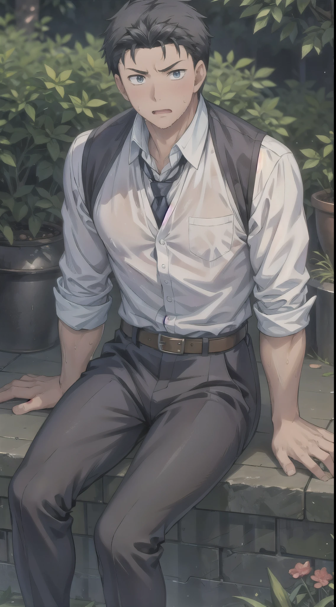 Hector Fay, Ultra high quality cg, solitary, Looking at the audience, Open your mouth, Sweating, Wet, Drooling,, 1 man,White shirt,tie，Fighting Stance， Male focus,belt，trousers，leather shoes，Open your legs，Sitting astride
