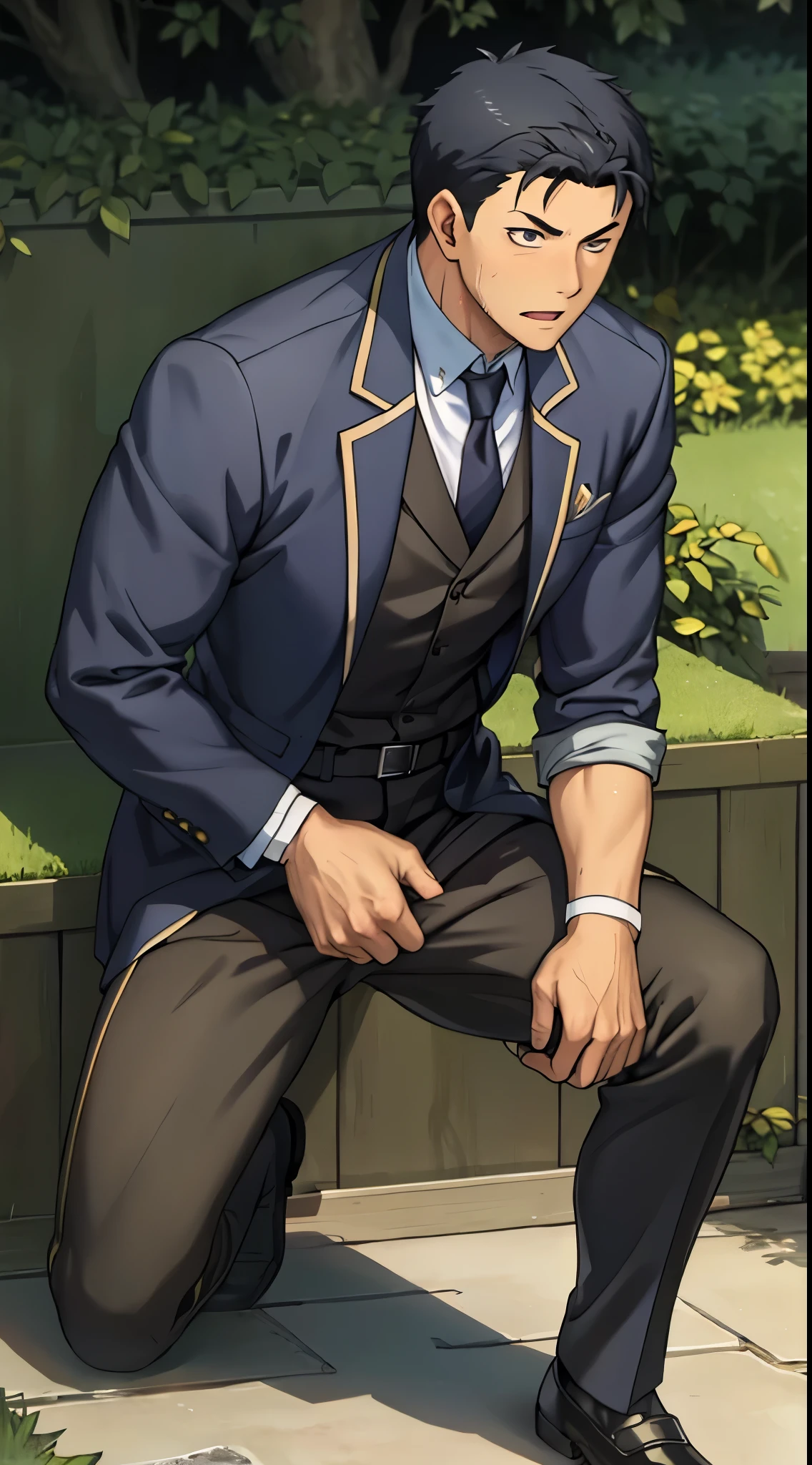 Hector Fay, Ultra high quality cg, solitary, Looking at the audience, Open your mouth, Sweating, Wet, Drooling,, 1 man,White shirt,tie，belt，Trousers，leather shoes，Fighting Stance
