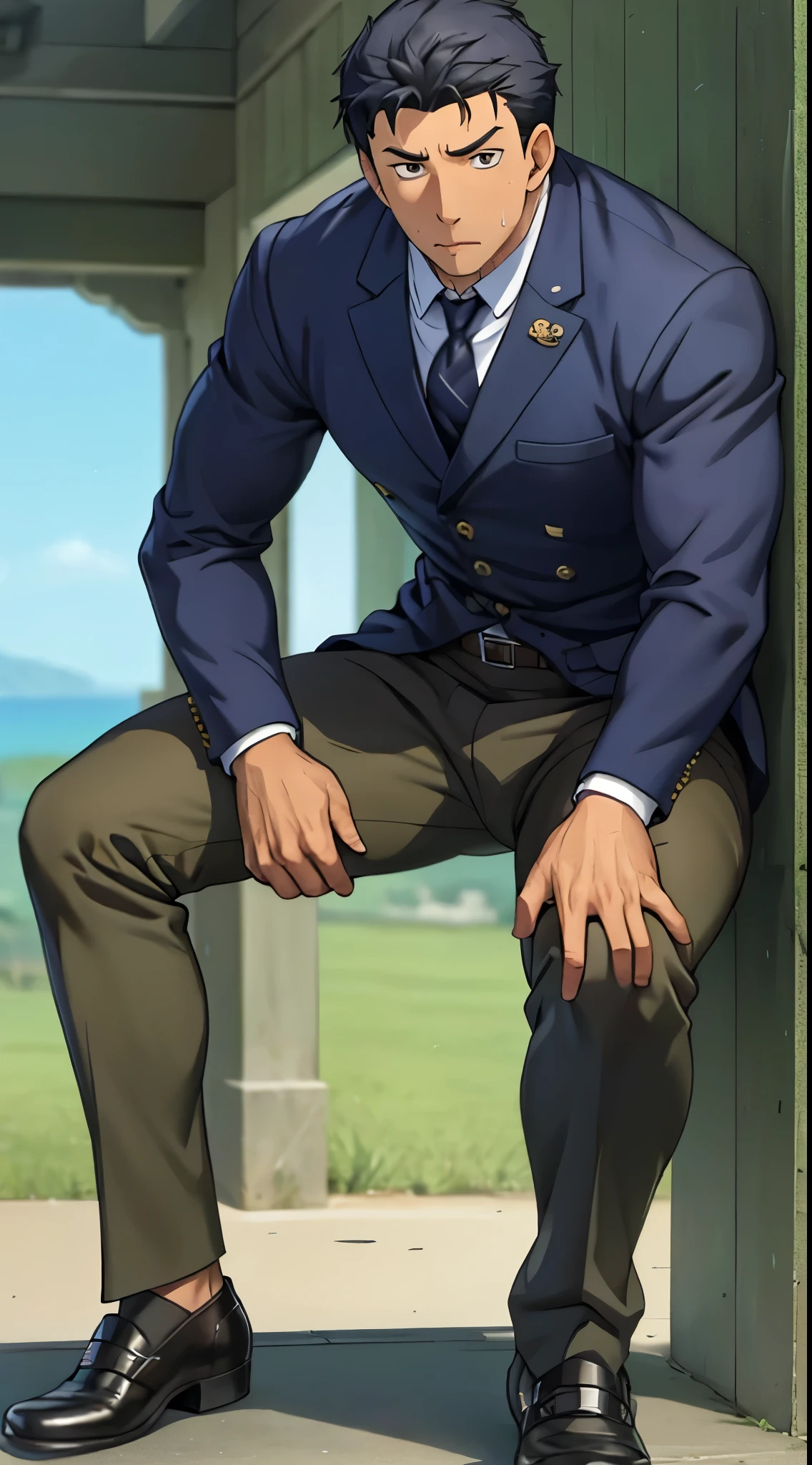 Hector Fay, Ultra high quality cg, solitary, Looking at the audience, Open your mouth, Sweating, Wet, Drooling,, 1 man,White shirt,tie，belt，Trousers，leather shoes，Fighting Stance
