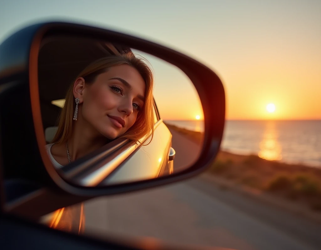 1 side mirror, beautiful woman reflected only in side mirror,  woman getting out of car and leaning against it, A comfortable face, side mirror view with dazzling sunset background, side mirror reflection. next to the reflecting ocean, summer setting, during sunset, sunset reflected, clear view, amazing view, twilight photo, hdr.