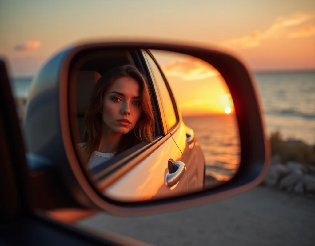 1 side mirror, woman getting out of car and leaning against it, beautiful woman reflected only in side mirror,  A comfortable face, side mirror view with dazzling sunset background, side mirror reflection. next to the reflecting ocean, summer setting, during sunset, sunset reflected, clear view, amazing view, twilight photo, hdr photo