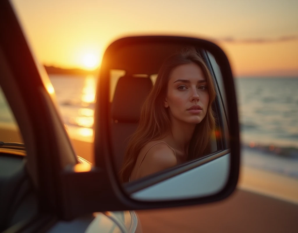 1 side mirror, woman getting out of car and leaning against it, beautiful woman reflected only in side mirror,  A comfortable face, side mirror view with dazzling sunset background, side mirror reflection. next to the reflecting ocean, summer setting, during sunset, sunset reflected, clear view, amazing view, twilight photo, hdr photo