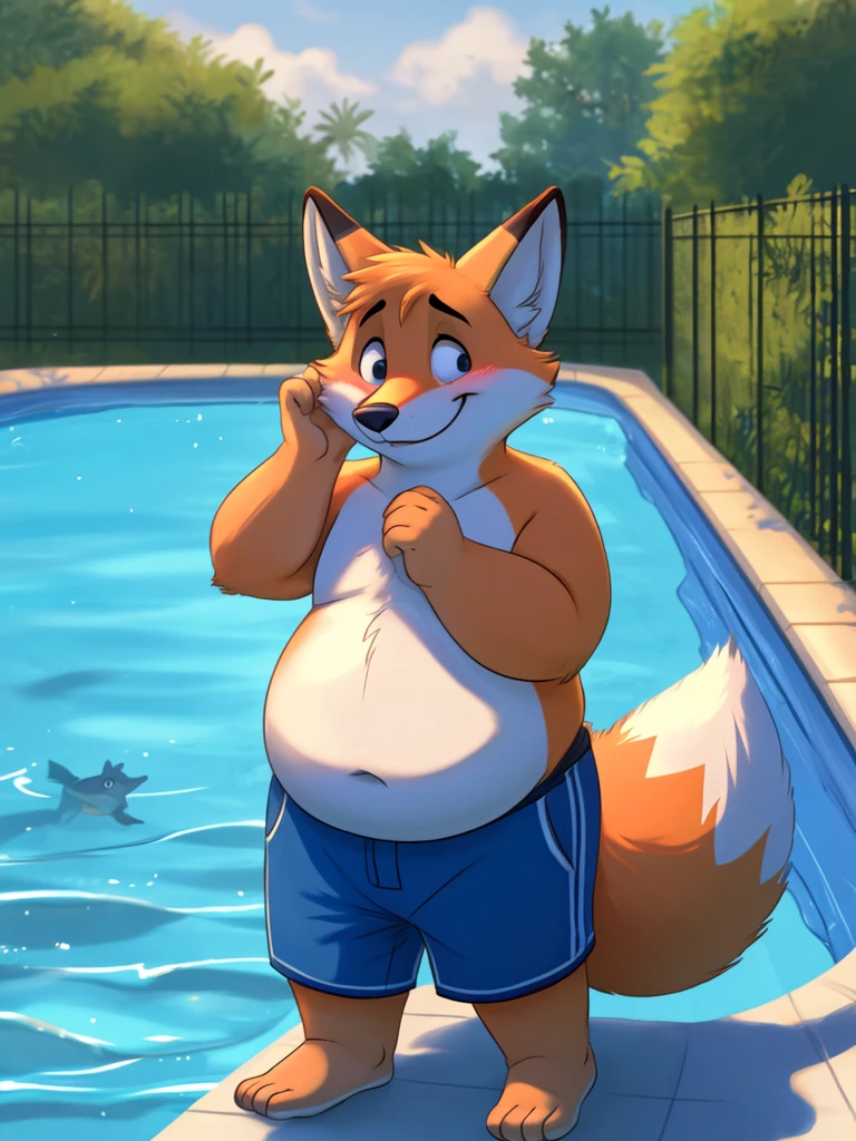 little fox, gay, chubby, tender, shirtless, shorts, pool, swimming, shy, mischievous, happy