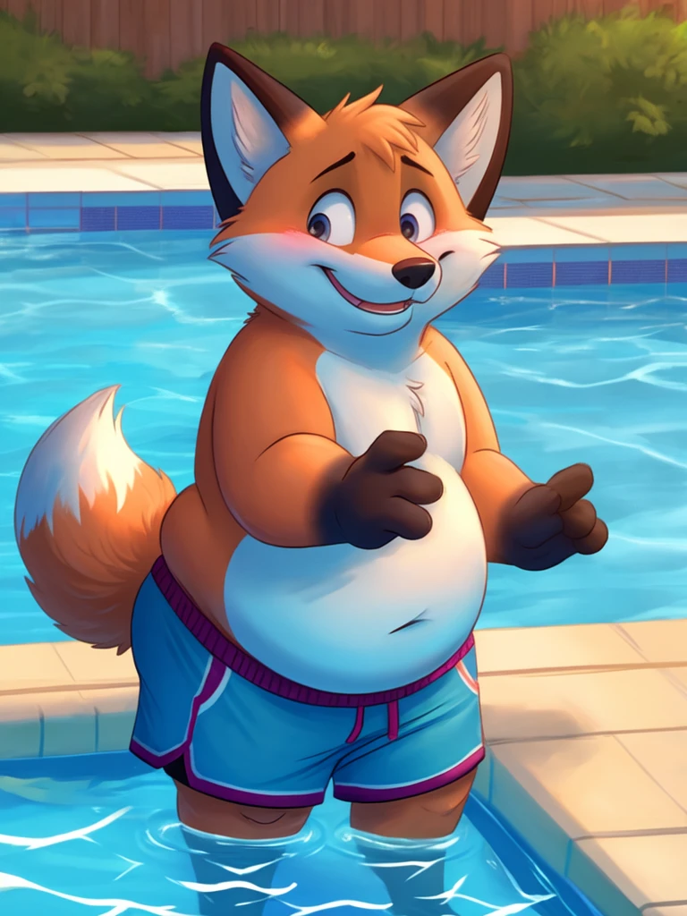 little fox, gay, chubby, tender, shirtless, shorts, pool, swimming, shy, mischievous, happy