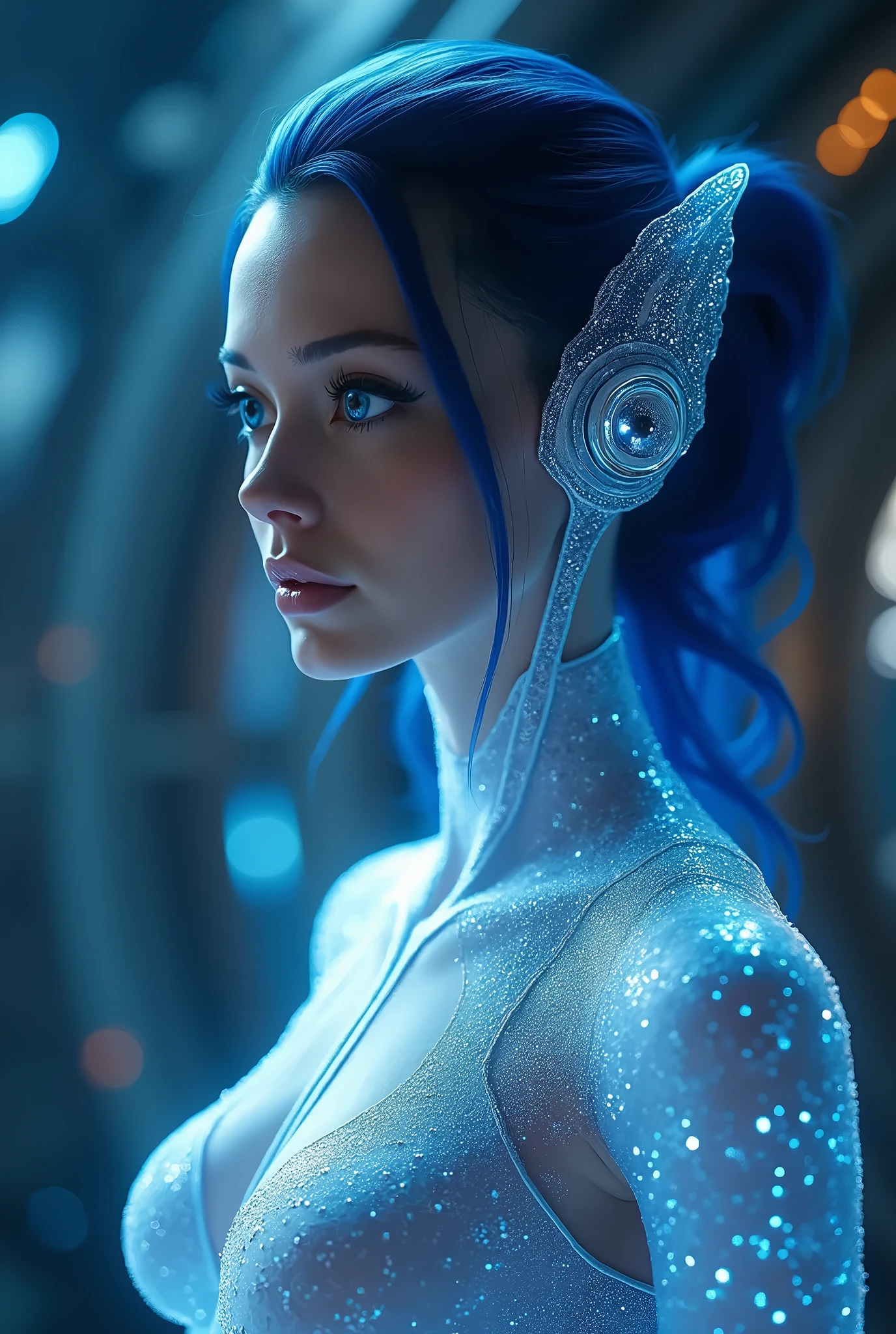 close-up, full length, absolutely naked blue alien humanoid female cybernetic face from another planet ,looking at me, flirt,sexy, ultra high quality detailing