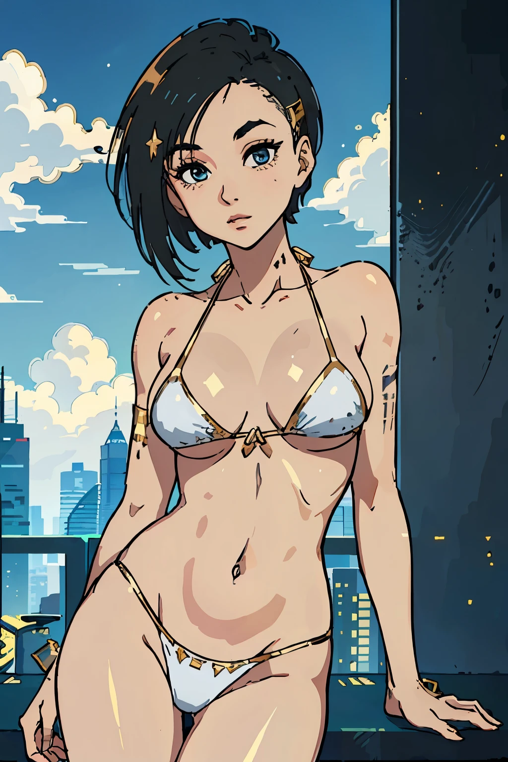 (masterpiece, best quality:1.3), 1girl, (close up shot:1.3), Judy Alvarez, medium breasts, (white colored bikini with gold accents:1.3), skydeck with a view of the skyscraper, early evening, clouds, toriyama akira style