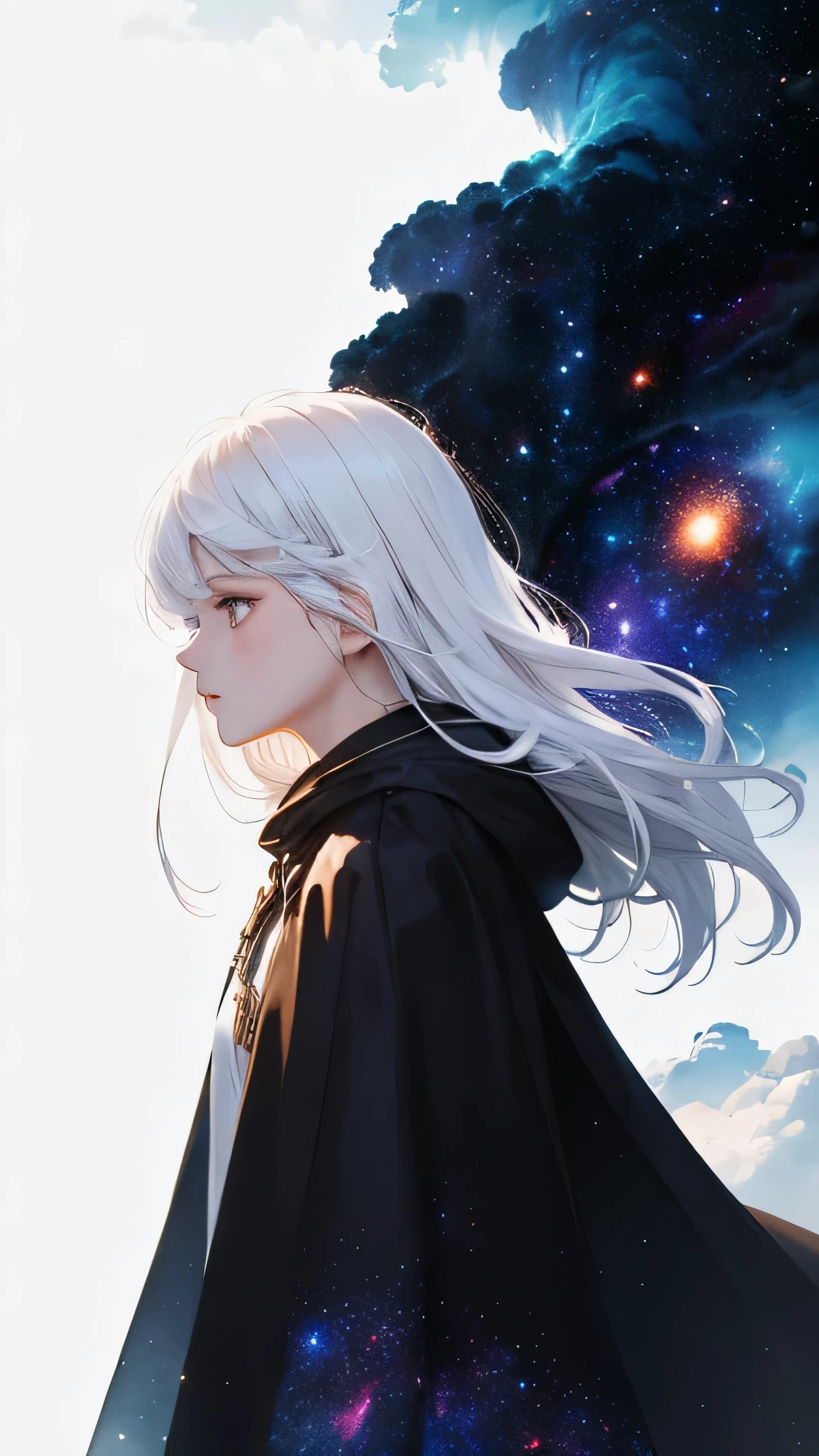 ((masterpiece)), (((best quality))), ((ultra-detailed)), ((illustration)),[realism light effect],shadow,(Fantasy style),(white background:1.6), simple background, (earth theme),(a cloak)[(hair focus,((1girl)),[(big slime hair): (cloud hair):0.3], (hair on background),(high saturation),(hair surrounded by galaxy splashes),)):((her hair is becoming galaxy clouds,:1.27628), (hair and clothes is galaxy clouds and cluster of stars:1.1025),(a cloak is becoming galaxy clouds)