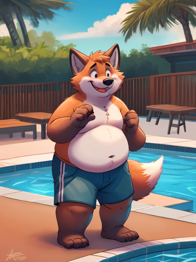 Dark coffee wolf, chubby, little fox, gay, chubby, 2boys, tender, shirtless, shorts, pool, swimming, shy, mischievous, happy