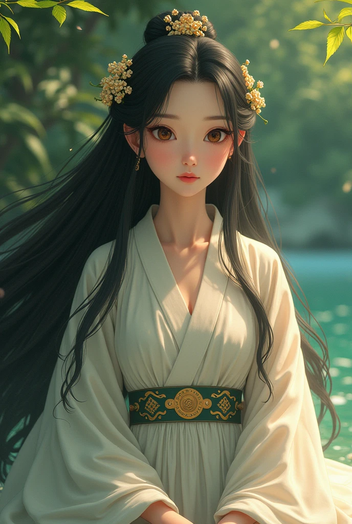 1girl, beautiful detailed eyes, beautiful detailed lips, extremely detailed face and portrait, princess kaguya, ghibli studio, long flowing hair, elegant dress, serene expression, natural landscape, lush greenery, waterbody, soft lighting, warm color palette, (best quality,4k,8k,highres,masterpiece:1.2),ultra-detailed,(realistic,photorealistic,photo-realistic:1.37),digital painting,concept art