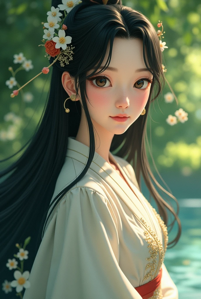 1girl, beautiful detailed eyes, beautiful detailed lips, extremely detailed face and portrait, princess kaguya, ghibli studio, long flowing hair, elegant dress, serene expression, natural landscape, lush greenery, waterbody, soft lighting, warm color palette, (best quality,4k,8k,highres,masterpiece:1.2),ultra-detailed,(realistic,photorealistic,photo-realistic:1.37),digital painting,concept art