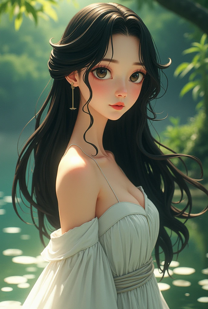 1girl, beautiful detailed eyes, beautiful detailed lips, extremely detailed face and portrait, princess kaguya, ghibli studio, long flowing hair, elegant dress, serene expression, natural landscape, lush greenery, waterbody, soft lighting, warm color palette, (best quality,4k,8k,highres,masterpiece:1.2),ultra-detailed,(realistic,photorealistic,photo-realistic:1.37),digital painting,concept art