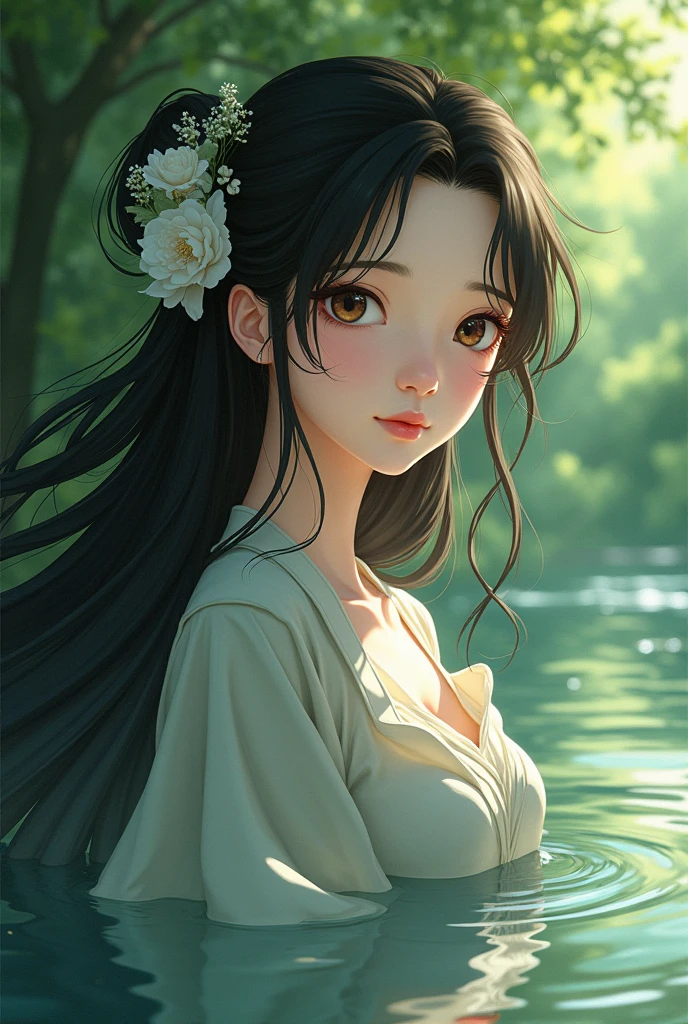 1girl, beautiful detailed eyes, beautiful detailed lips, extremely detailed face and portrait, princess kaguya, ghibli studio, long flowing hair, elegant dress, serene expression, natural landscape, lush greenery, waterbody, soft lighting, warm color palette, (best quality,4k,8k,highres,masterpiece:1.2),ultra-detailed,(realistic,photorealistic,photo-realistic:1.37),digital painting,concept art