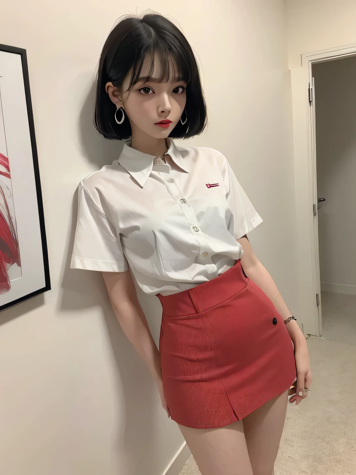 masterpiece,Big European style, ,White shirt, red skirt, red tie