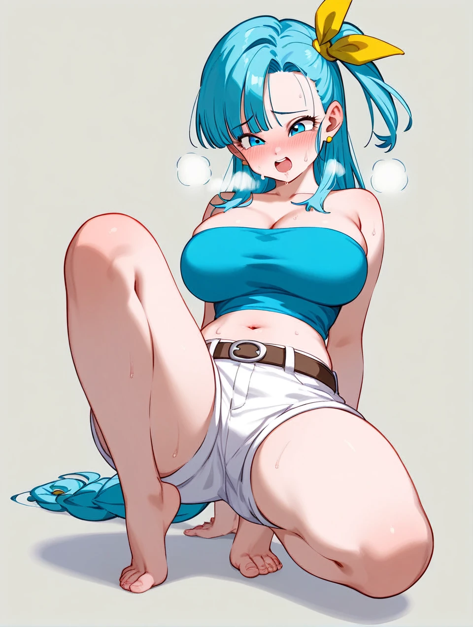 (top-quality, 8K, masterpiece:1.3)), Bulma ((DBZ)), A MILF, Mature, huge stunning goddess shot, the extremely hot and sexy, powerful and huge, jaw dropping beauty, goddess of Japan, medium breasts, Big ass, (thigh visible), Beautiful woman with perfect body shape:1.4, Slender Abs:1.1, Highly detailed facial and skin texture, A detailed eye, young woman, sexy pose, navel, happy face, blush, eyewear on the head, (looking at from the front), Look at the camera, masterpiece, best quality, pussy cameltoe in a transparent blue sheer dress with gold embroidery, top stripped at breast making her breast naked, enjoying the beautiful nature by standing in water in front of a waterfall and playing by splashing water with butterflies, dress waving by air exposing her body. full body, high detail