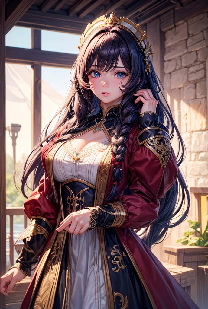 (best quality, masterpiece, ultra-detailed, extremely detailed, highres), (1girl, single, solo), 18 years old Anime girl, long raven hair, slightly wavy hair, parted bangs, open top collar, cleavage, Magus, red eyes, earring, long black coat, white shirt, black skirt, aristocrat, noble attire, beautiful, ethereal, elegant, prestigious, classic