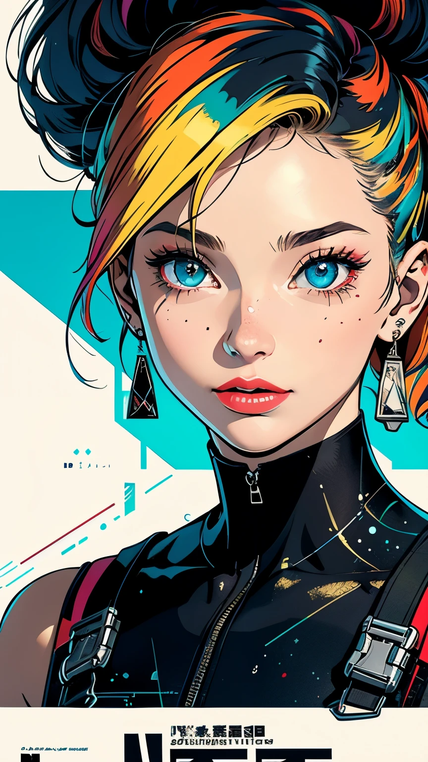 Jennifer Lawrence、Create digital artwork in pop art style, Liveliness and confidence，Street fashion, Movie color schemes, Vintage, Vivid brush strokes,Emotions must be dynamic, Upper body, Drawing, Illustration,