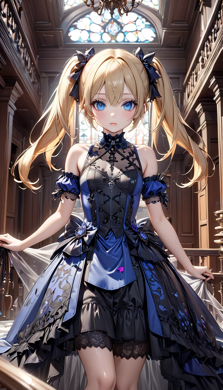 Beautiful attractive girl、Blonde、Twin tails、 (((Ultra-high resolution、Ultra high definition、Highest Settings、８k、)))、Small breasts、clear、((Full body drawing))、４k、((Gothic fashion with delicate designs))、(CG Art)、(((stand up)))、Rooms in the mansion、Shiny beautiful hair、Focus、Beautiful blue eye detailed、Small Face、Beautiful clean skin、
