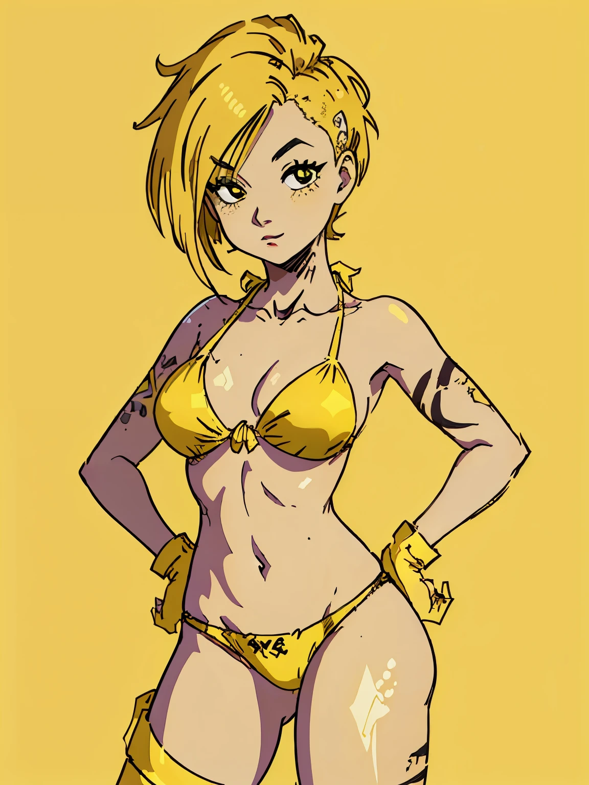 (masterpiece, best quality:1.3), 1girl, Judy Alvarez, medium breasts, (yellow colored bikini:1.3), yellow panty, contrapposto, (solid yellow background:1.4), toriyama akira