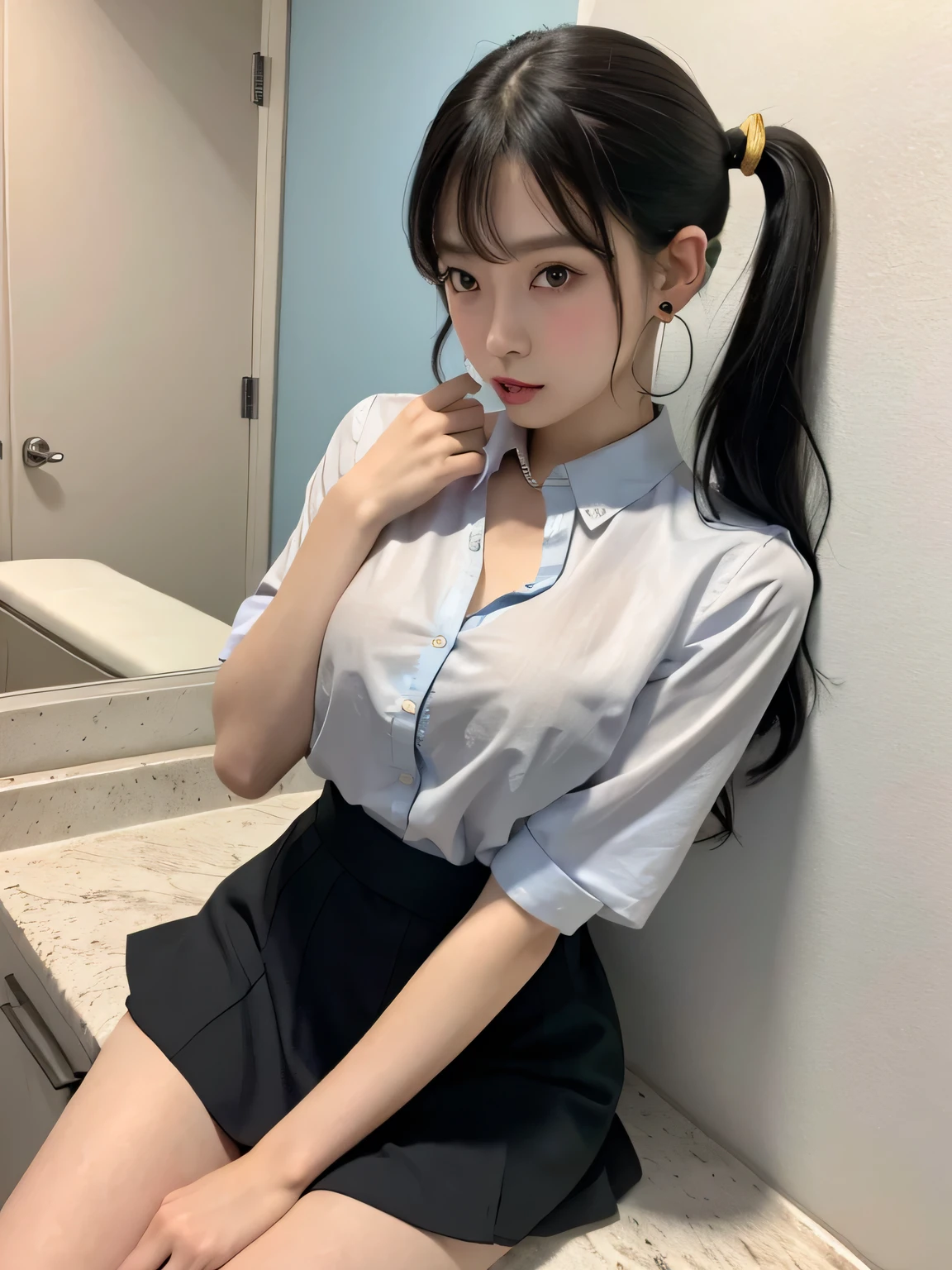 (8k), (highest quality: 1.2), (Realistic), (Realistic: 1.37), Ultra-high resolution, 1 girl, cute, Embarrassed expression,smile, (Blushing:1.4),Mouth closed, Beautiful details, Beautiful Nose, whole body, smooth black hair,Ponytail Giant Dulcefo, pork, Thighs,Leather mini skirt,Leather platform boots,(shirt formal, Light Blue:1.2),cute ,like an idol,Sculpture Pose,(濡れて光るThighsにクローズアップ)