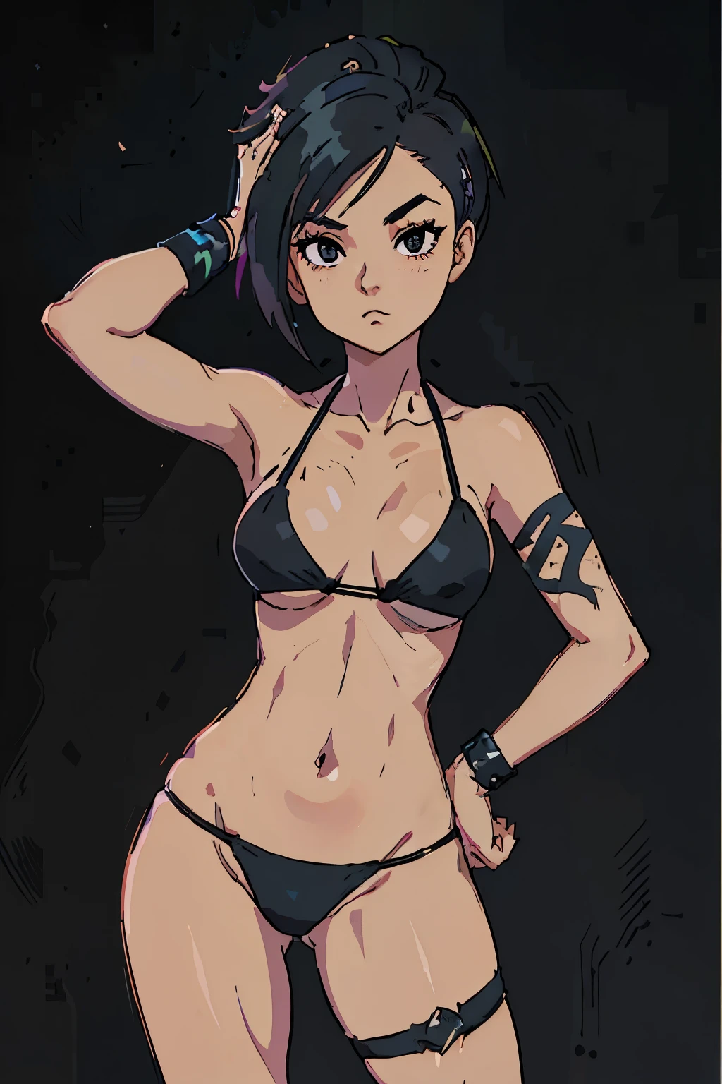 (masterpiece, best quality:1.3), 1girl, Judy Alvarez, medium breasts, (black colored bikini:1.3), black panty, contrapposto, (solid black background:1.4), toriyama akira