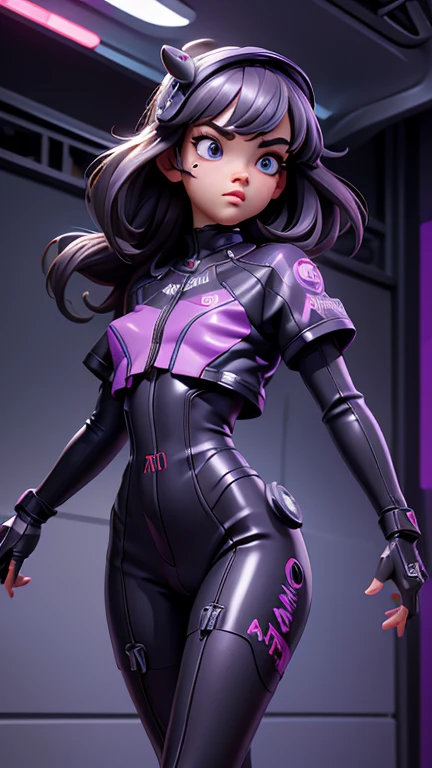 best quality, masterpiece, symmetrical, very detailed eyes, Girl, highly detailed background,  trend on (ArtStation:1.46), hyperrealistic, cinematic light, Studio quality, 8k resolution, masterpiece, in the style of Pixar, wears a futuristic latex overall, running down a neon purple corridor, Side view