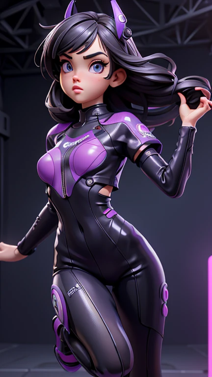 best quality, masterpiece, symmetrical, very detailed eyes, Girl, highly detailed background,  trend on (ArtStation:1.46), hyperrealistic, cinematic light, Studio quality, 8k resolution, masterpiece, in the style of Pixar, wears a futuristic latex overall, running down a neon purple corridor, Side view