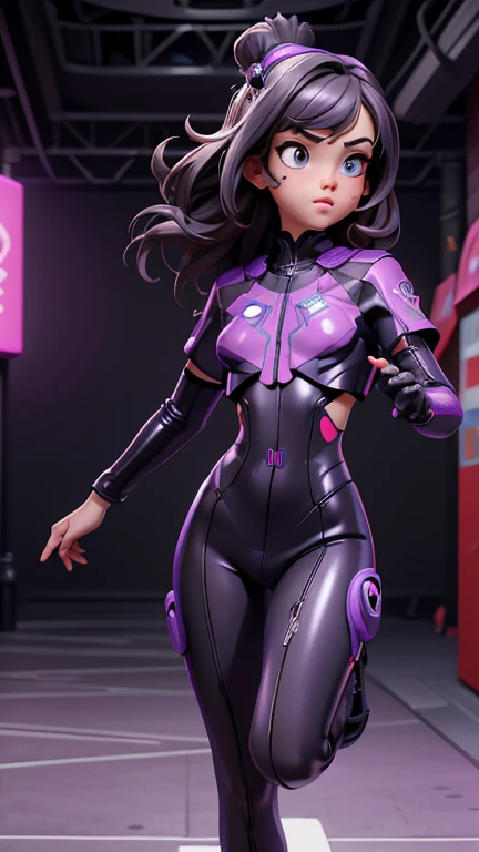 best quality, masterpiece, symmetrical, very detailed eyes, Girl, highly detailed background,  trend on (ArtStation:1.46), hyperrealistic, cinematic light, Studio quality, 8k resolution, masterpiece, in the style of Pixar, wears a futuristic latex overall, running down a neon purple corridor, Side view