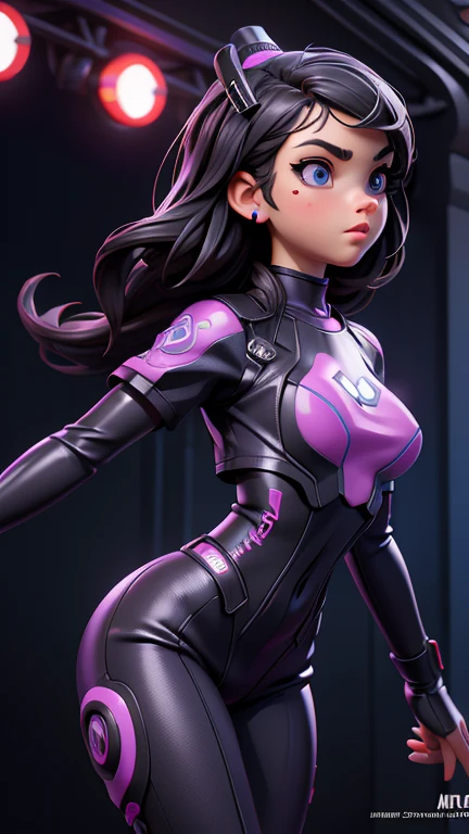 best quality, masterpiece, symmetrical, very detailed eyes, Girl, highly detailed background,  trend on (ArtStation:1.46), hyperrealistic, cinematic light, Studio quality, 8k resolution, masterpiece, in the style of Pixar, wears a futuristic latex overall, running down a neon purple corridor, Side view