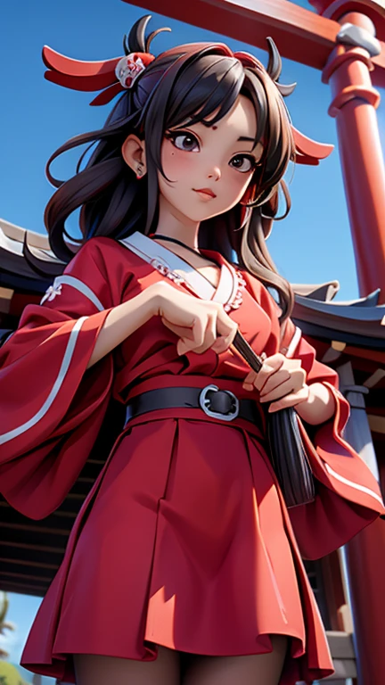 rhyme_hakurei, red dress, miko, shrine background, 1 girl, masterpiece, best quality, very detailed