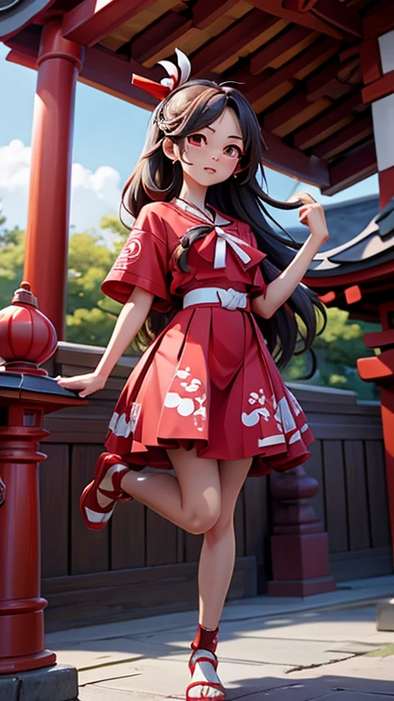 rhyme_hakurei, red dress, miko, shrine background, 1 girl, masterpiece, best quality, very detailed