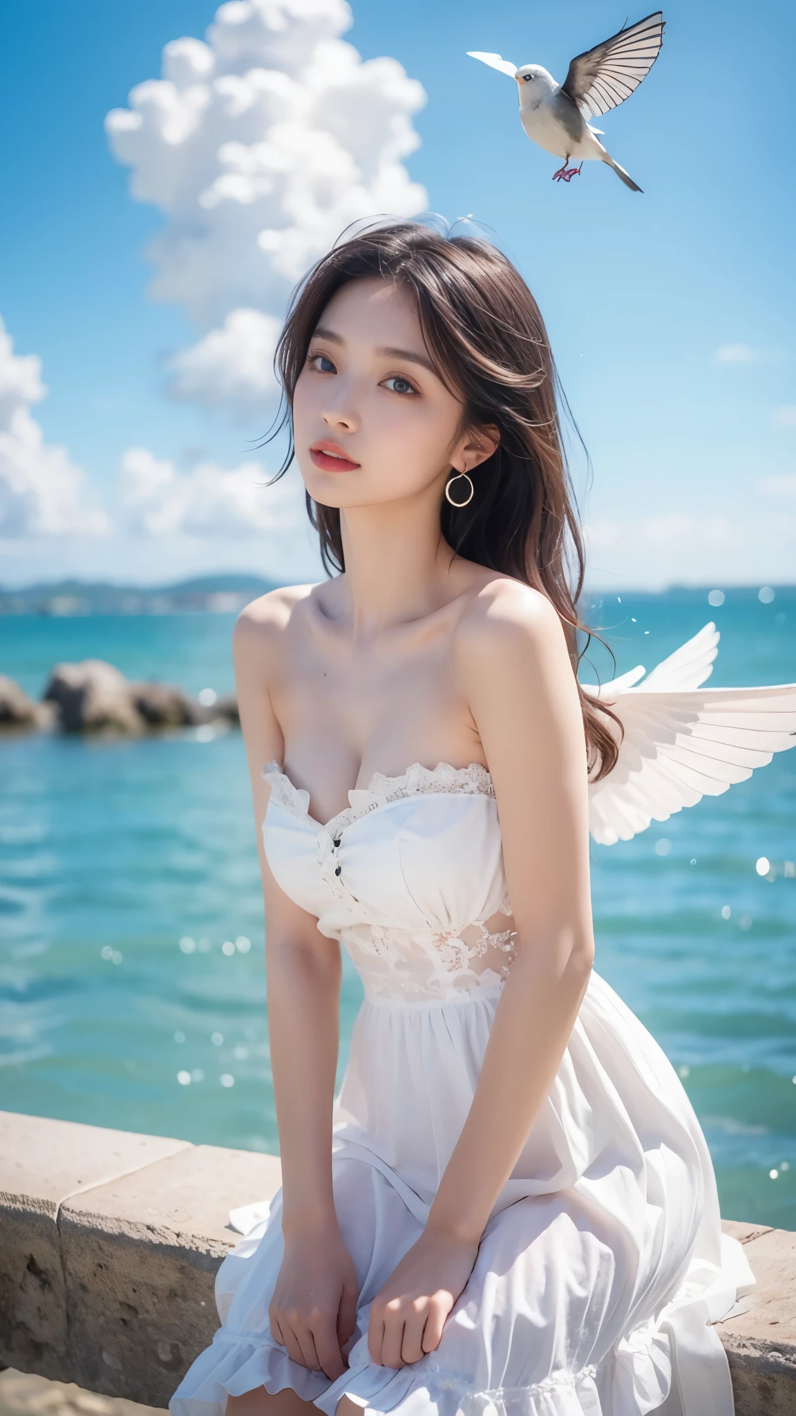 blue-sky,the sea,angel girl, Angel wings, a blue dress, Pale skin, blue color eyes, Bigchest,standing in the air